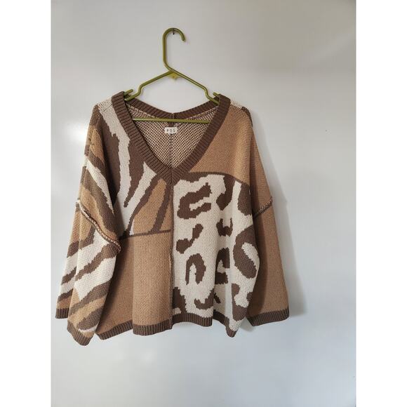 POL Sweaters - Pol Brown Cream Boho Oversized Mixed Animal Print Women's Sweater Size M